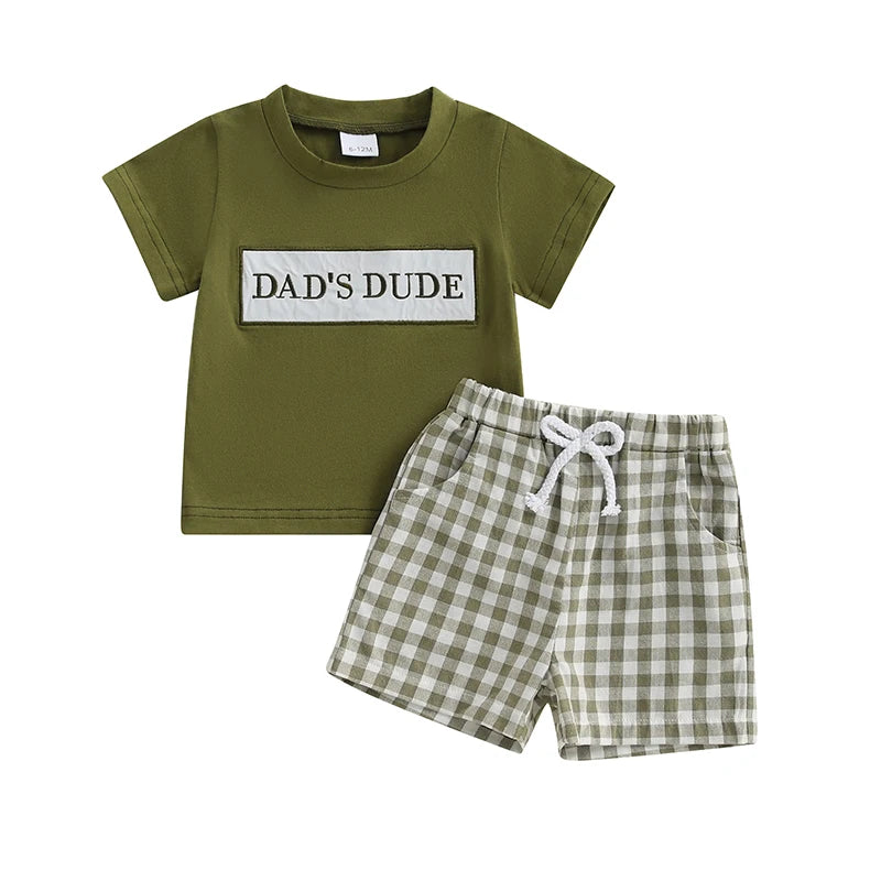 Infant Boy s Casual Outfit with Embroidered T-shirt and Plaid Shorts Elastic Waistband 2-Piece Set for Toddlers