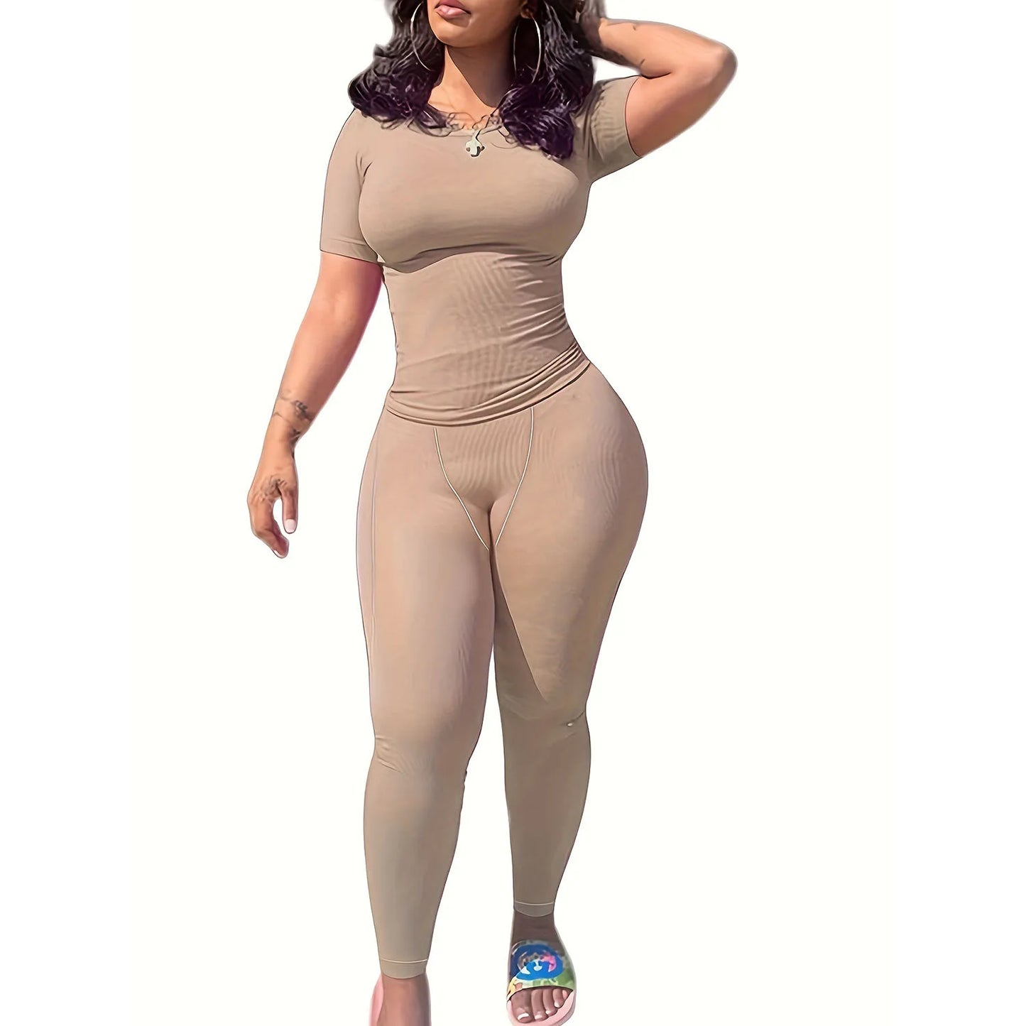 US STOCK | Casual Workout Sets Short Sleeve Two Piece Outfits For Women Ribbed Fitted Crew Neck T-shirt Matching Sets Streetwear