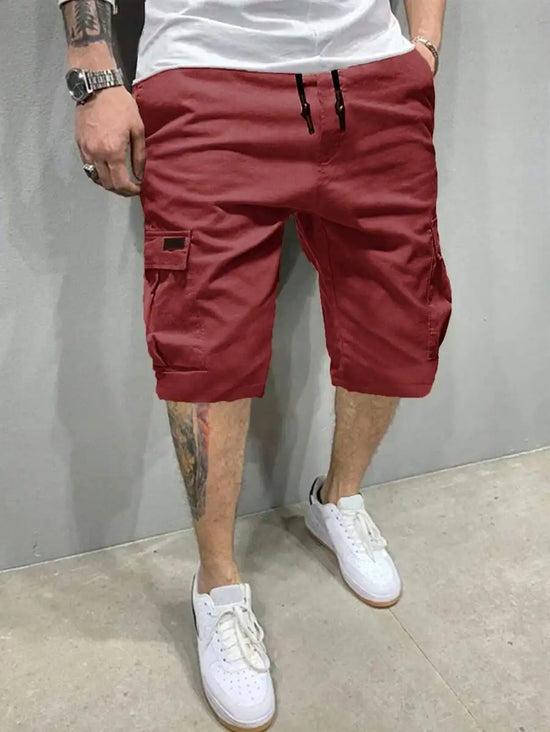 Mens Red Cargo Shorts With Flap Pockets, Adjustable Drawstring Waist, Lightweight For Summer Casual Outdoor Wear