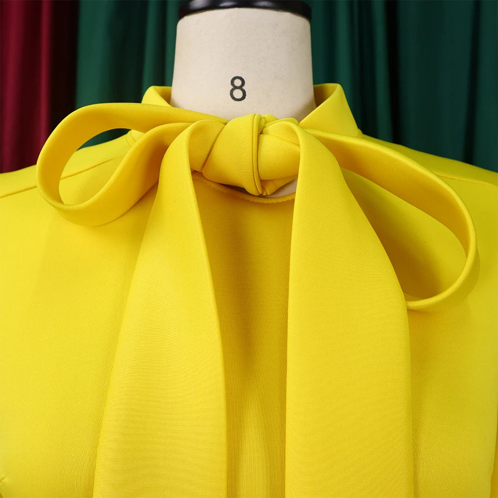 Elegant Party Dresses for Women Luxury Woman 2024 Bow Collar Full Sleeve High Waisted Pleated Mid Calf Birthday Dinner Celebrate
