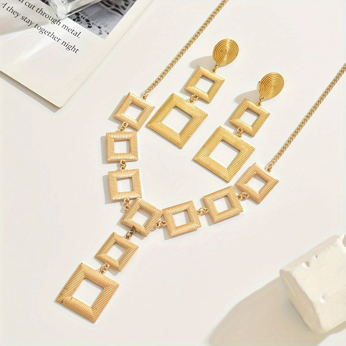 Lxalry 14K Gold Geometric Set, Electroplated Necklace & Earrings, Hypoallergenic 316L, Gift For Everyday Chic To Evening Glamour