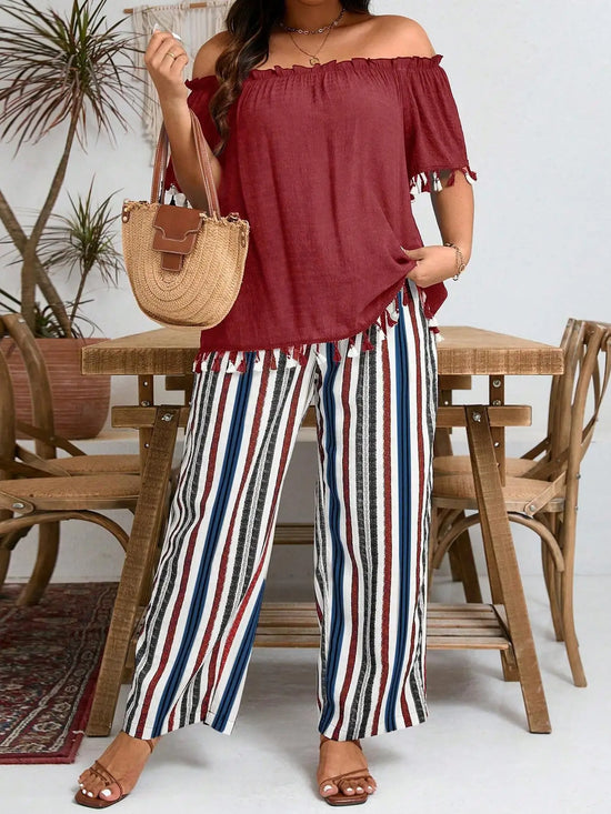 【Plus Size】Two-Piece Set Striped Print Tie Front Top & Wide Leg Pants, Casual Fashion Cozy Top & Trousers for Daily Outdoor Wear