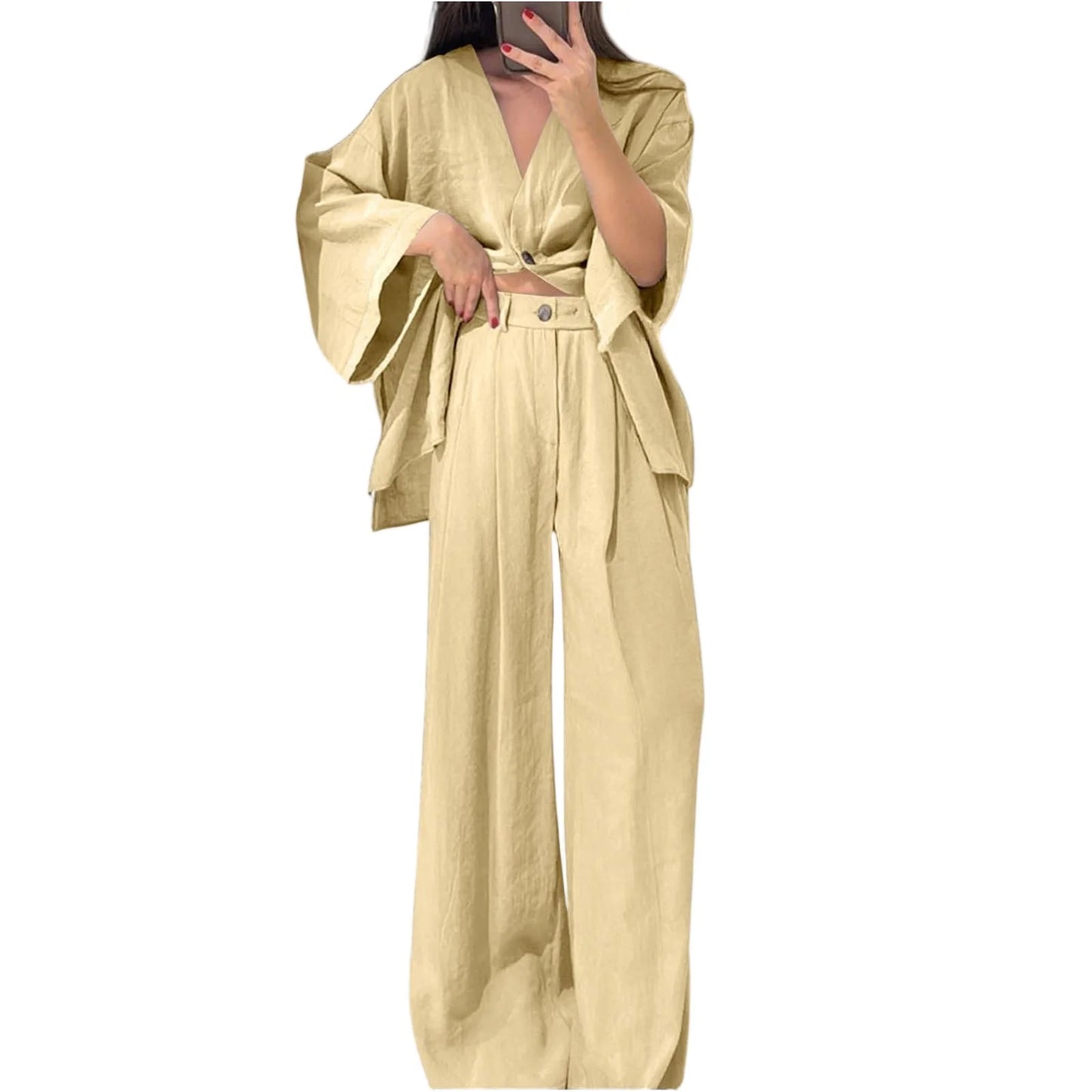 Two Piece Outfits For Women V Neck Button Down Shirt Top And Wide Leg Pants Set Loose Sweatsuits Conjunto Dos Piezas Mujer