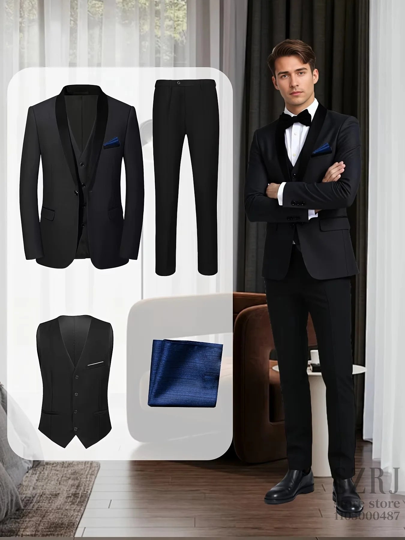 Men'S 4pcs Tuxedo Suit: Jacket, Vest, Dress Pants &Pocket Square