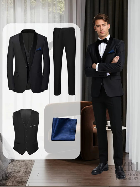 Men'S 4pcs Tuxedo Suit: Jacket, Vest, Dress Pants &Pocket Square