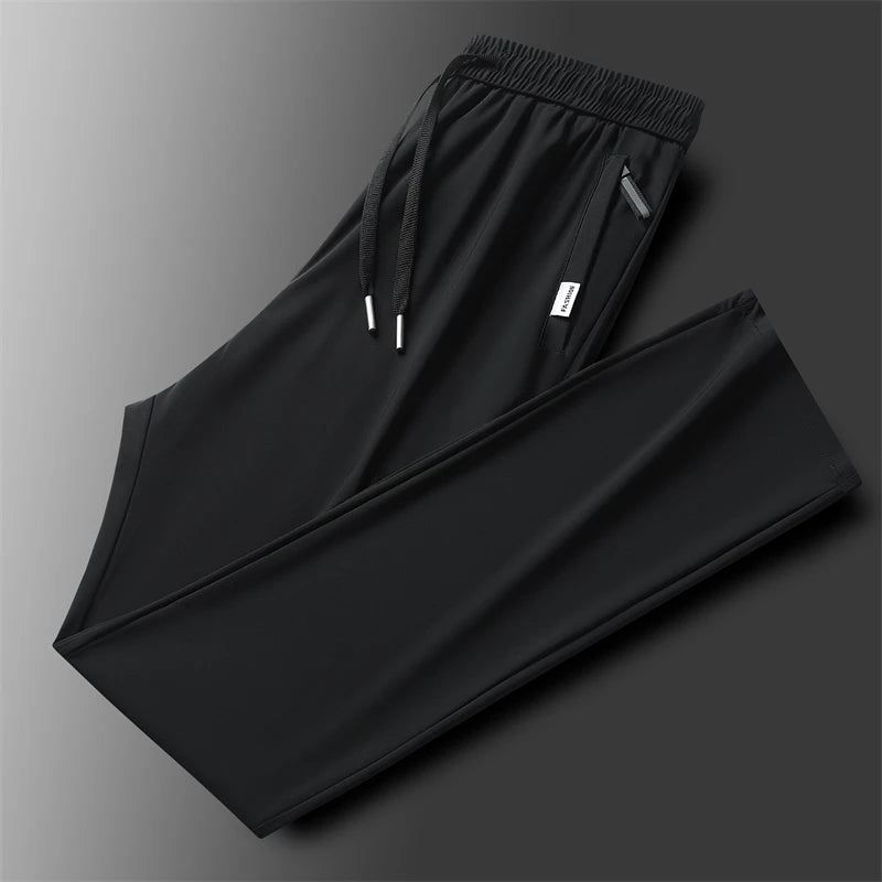 Ice Silk Men's Pants Summer New Black Gray Thin Business Casual Pants Outdoor Elastic Breathable Straight Leg Sweatpants