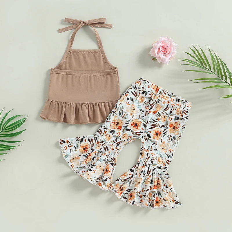 Toddler Girls Sleeveless Top and Floral Print Bell Bottoms Set Lace-Up Halterneck Vest with Flare Pants Summer Ensemble