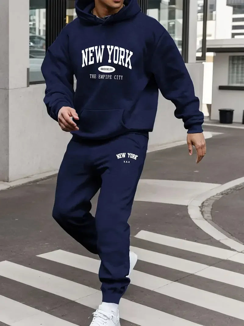 New York Letter Printed Spring and Autumn Hoodie for Couples Y2K Set Long Sleeved Casual and Comfortable kangaroo Pocket Hoodie