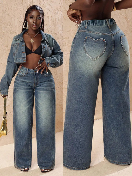 Plus Size Vintage Washed Wide Leg Denim Pants with Heart-Shaped Back Pockets