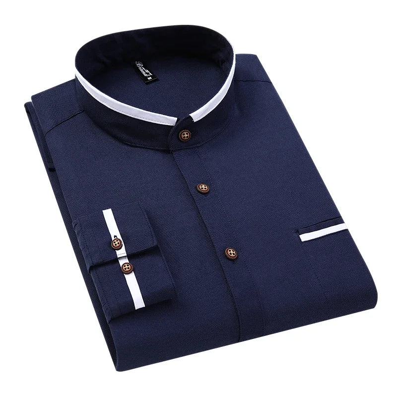 BROWON Autumn Oversized Shirts Men Pocket Design Korean Style Stand-up Collar Slim Shirt Mens Long Sleeve Shirt Men Clothing