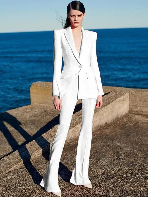 HIGH QUALITY New Fashion 2024 Designer Blazer Suit Set Women's Single Button Red Blazer Flare Pants Suit