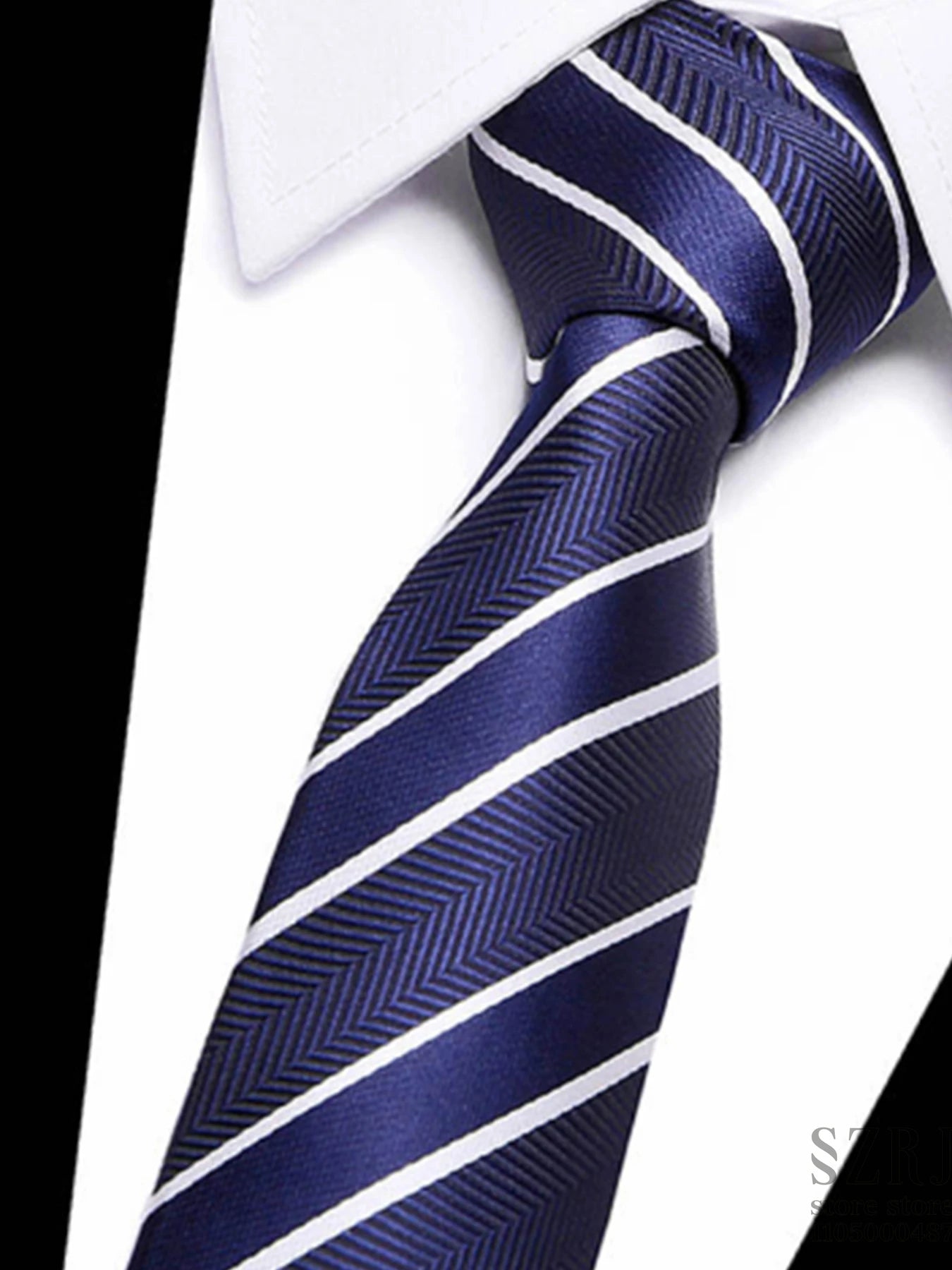 Men's 4-Piece Suit: Jacket+Vest+Pants+Blue Striped Tie. V-Neck, Gentleman Style, Tailored. For Business, Parties, Weddings.