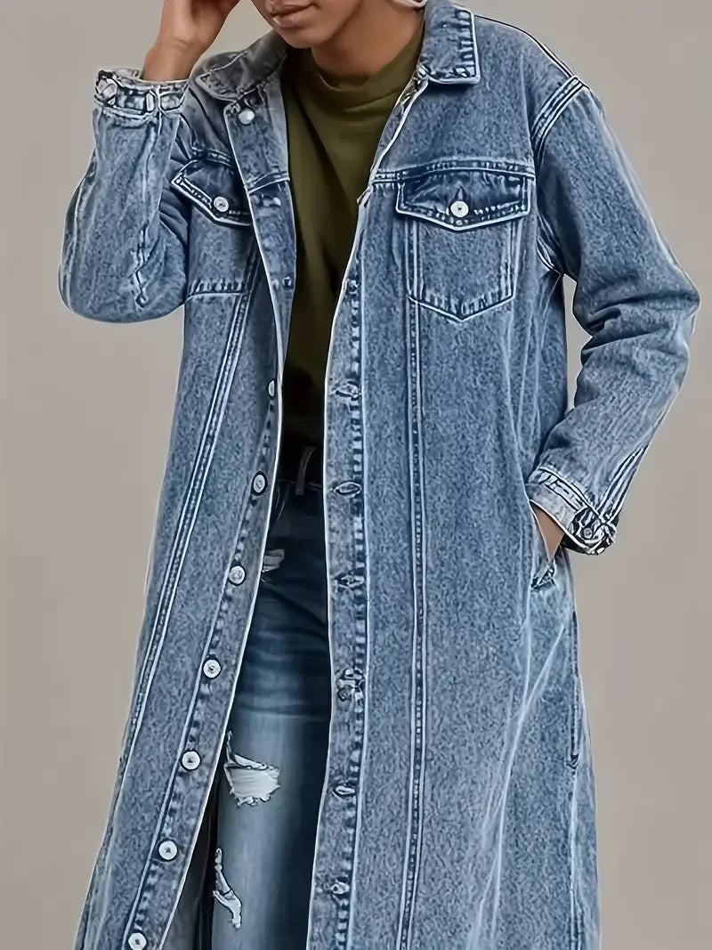 Women's Distressed Denim Trench Coat - Oversized Boyfriend Jacket with Button Closure & Long Loose Fit, Casual Streetwear