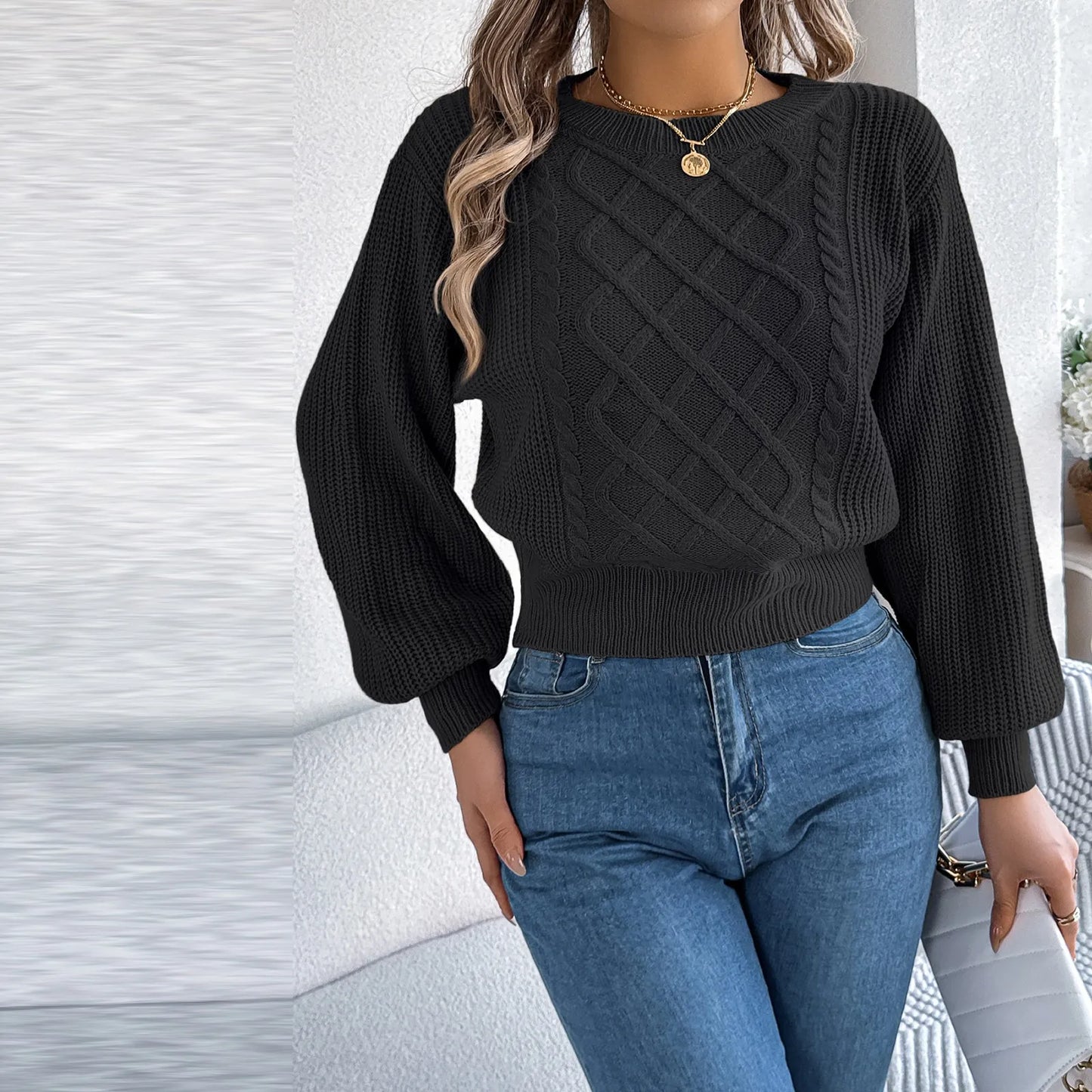 Women'S Fashion Solid Color Cable-Knit Long-Sleeved Waist Pullover Sweater Ropa De Mujer Winter Clothes Woman Sweater For Woman
