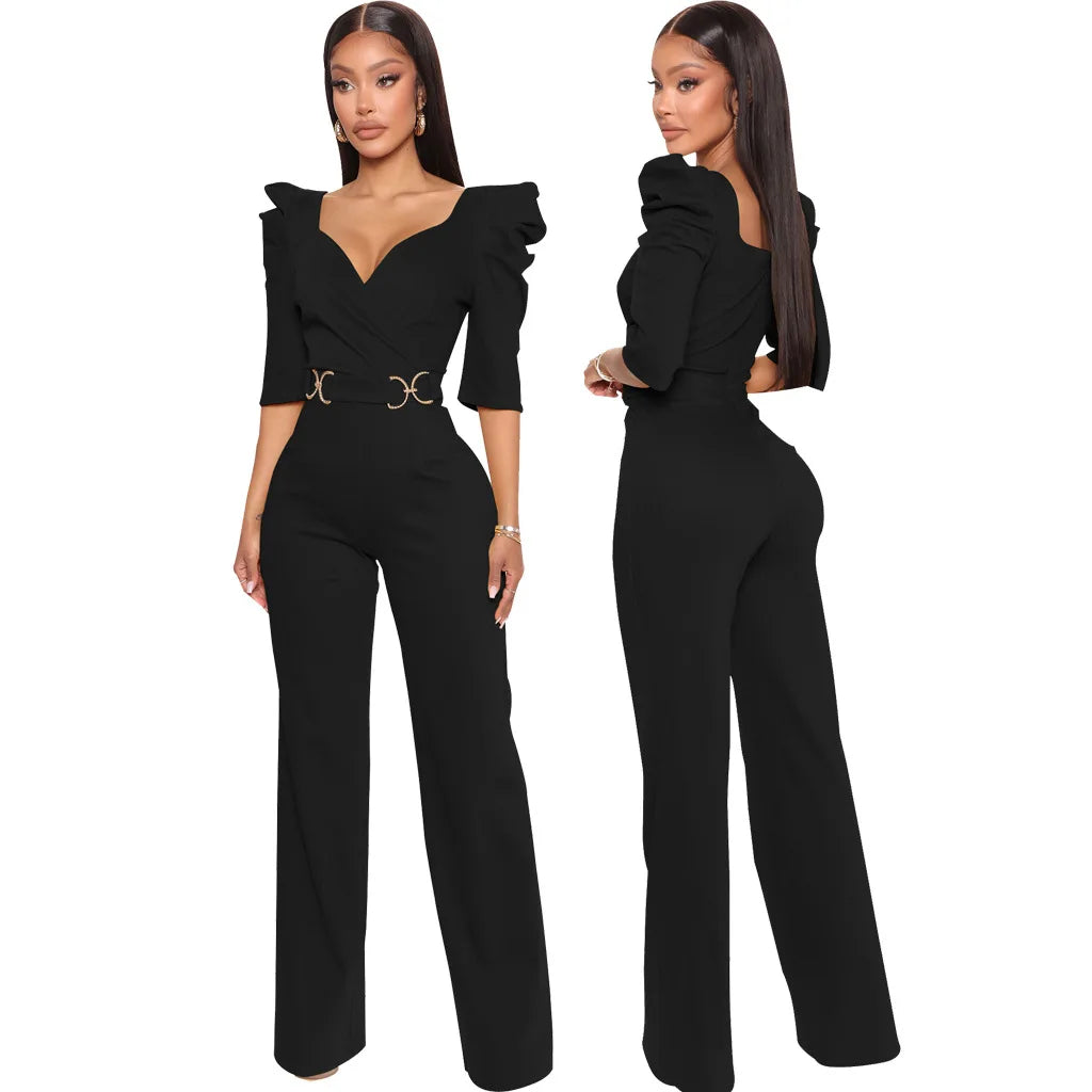 Sexy fashion solid color seven-quarter sleeve V-neck women's jumpsuit SMR10805