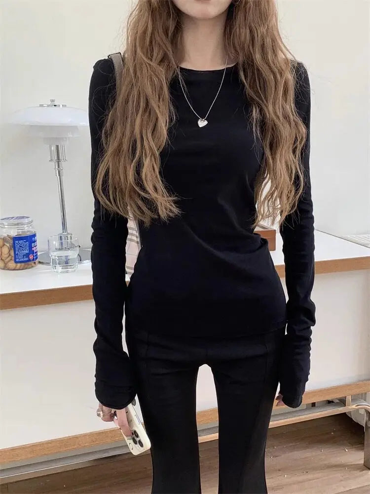 Zjaiss 2026 Spring Casual Lazy Style Women's Long Sleeve T-Shirt Fashion Elegant Inner Wear Basic Top Rolled Edge Slim Fit Tee