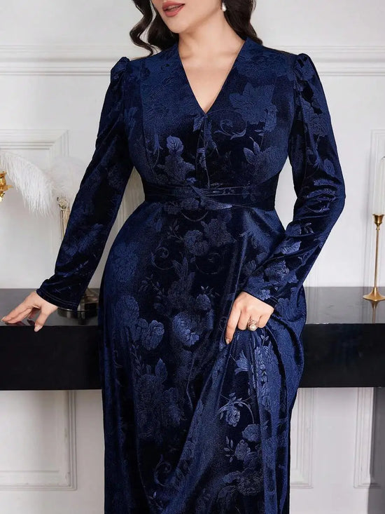 Plus Size Women Floral Jacquard V-Neck Puff Sleeve Elegant Long Evening Dress