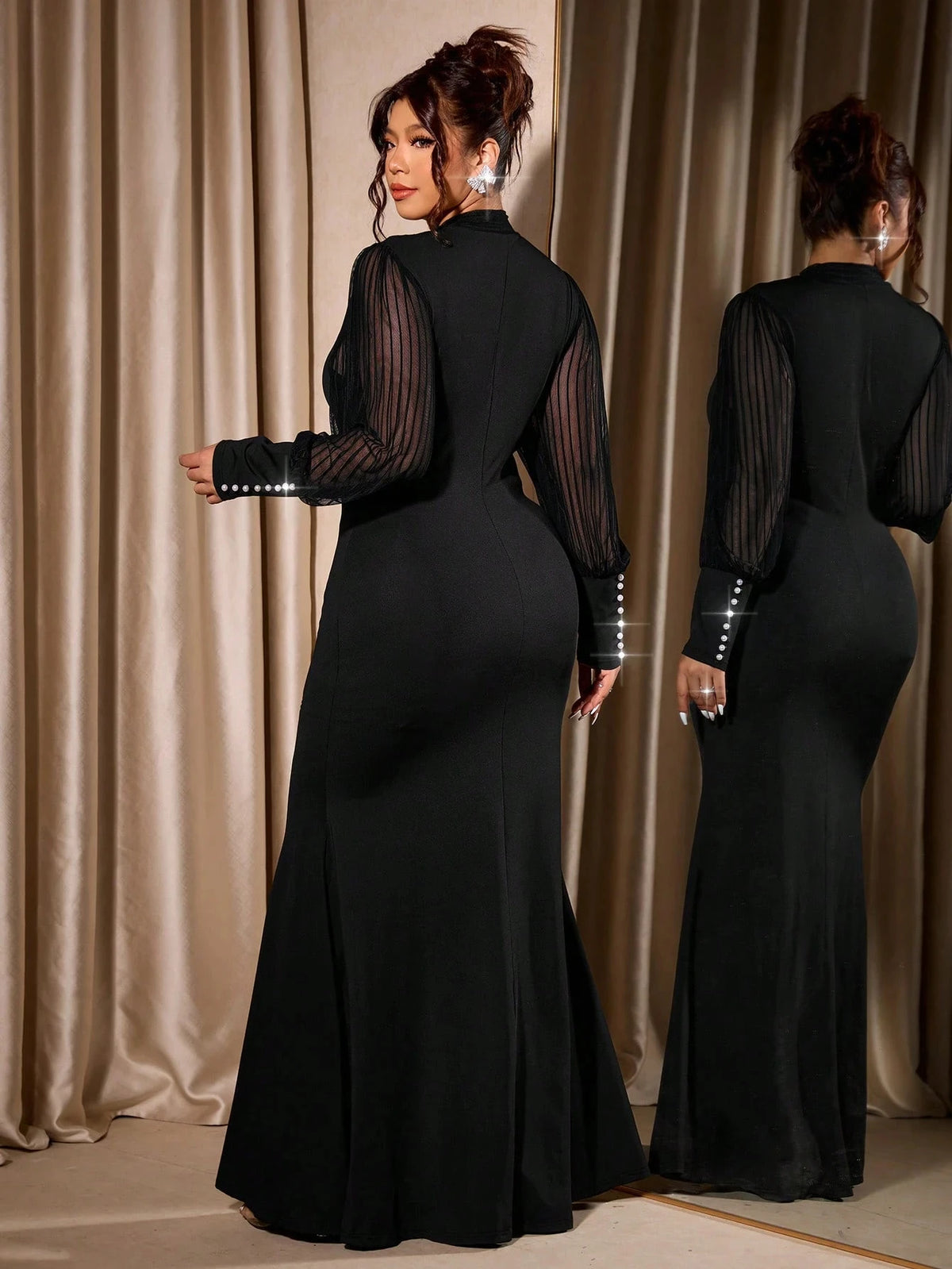 Plus Size Evening Dress Women High Neck Sheer Striped Mesh Long Sleeve Black Maxi Formal Gown Wedding Guest Prom Party Dress