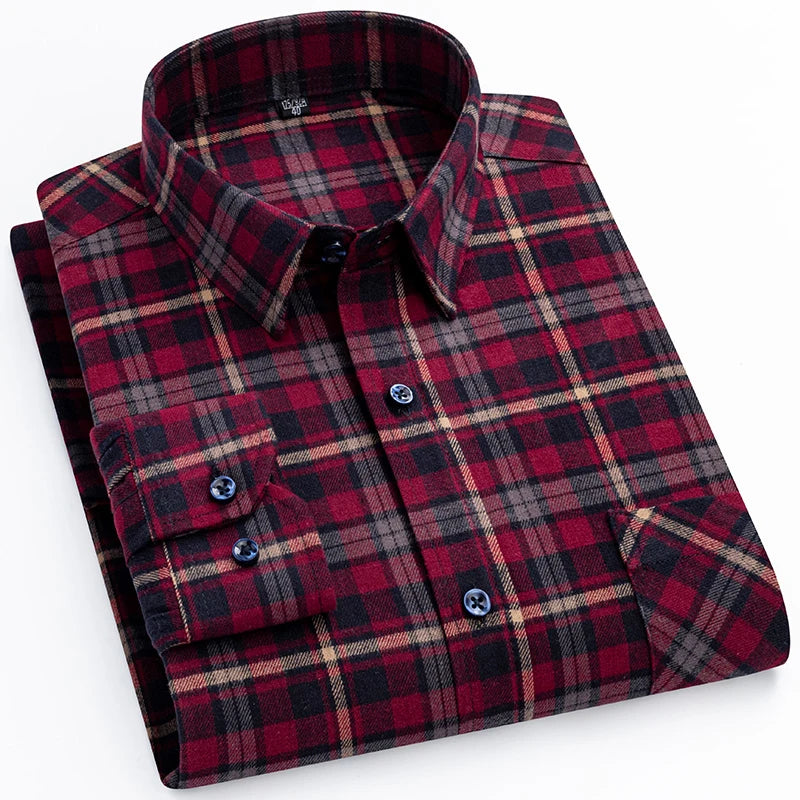 New Spring Long Sleeve Plaid Shirts For Men 100% Cotton Flannel Plus Size Easy Care Comfortable Top Casual Smart Dress Shirts