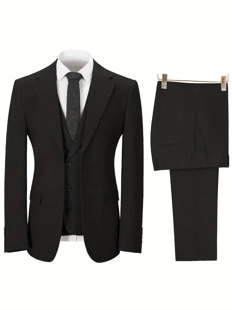 Retro Men's Suits 3pcs Tweed Herringbone Slim Fit Groom Tuxedos Prom Blazer Jacket (Jacket+Vest+Pants)