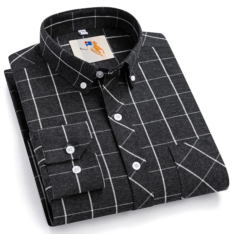 Men Cotton Casual Shirts Plus Size Long Sleeve Striped Plaid Man's Clothing Daily Easy Care Fashion Business Dress Smart Shirts