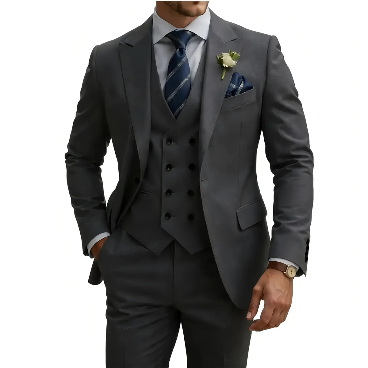 Slim Fit 3 Piece Men Suit Set, Formal Tuxedo Blazer Waistcoat Trousers for Wedding Prom Business Dinner Party