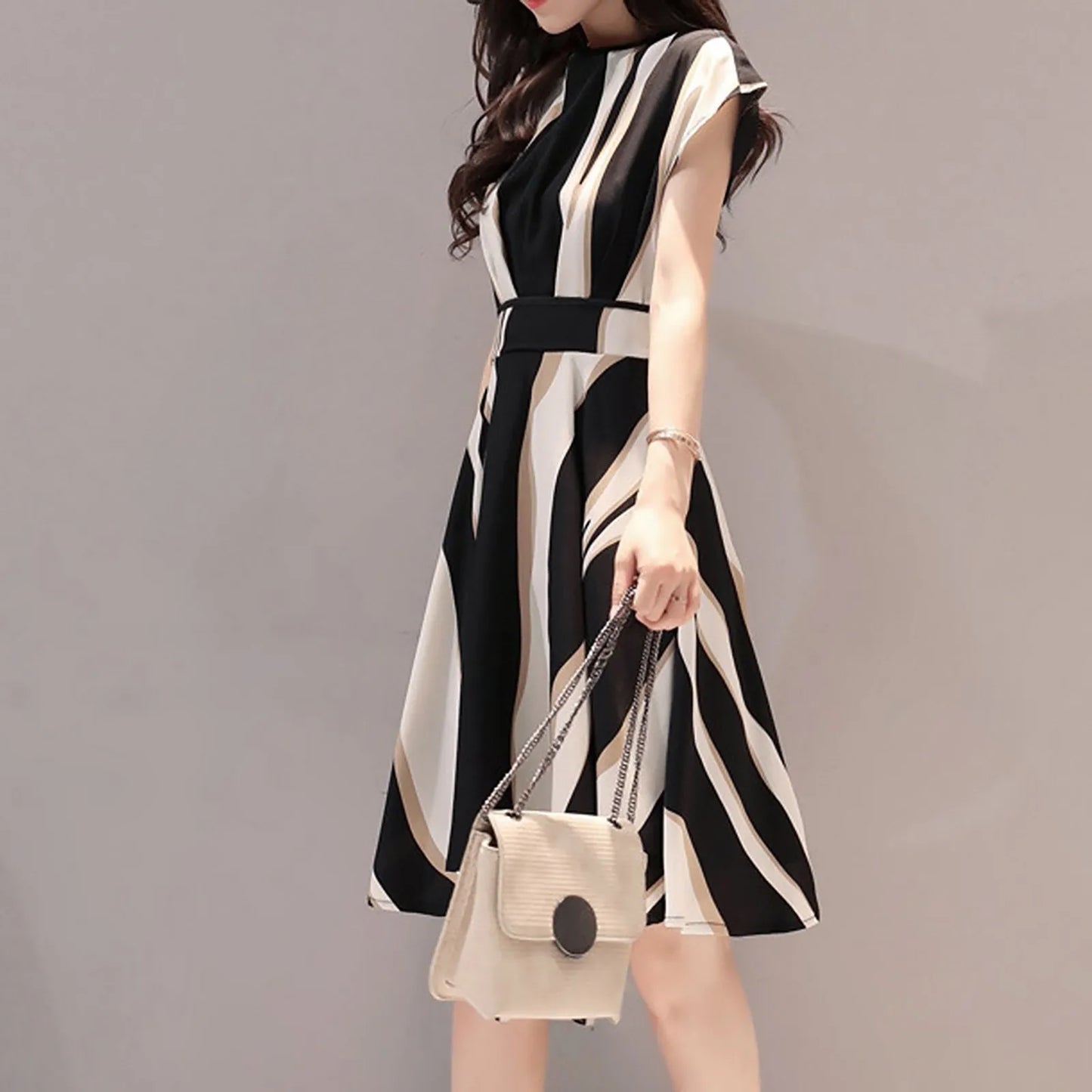 Fashion Women Business Dress Belt O-Neck Short Sleeve Knee Length Dress Elegant Fashion Harajuku Female Clothes Dress Vestidos