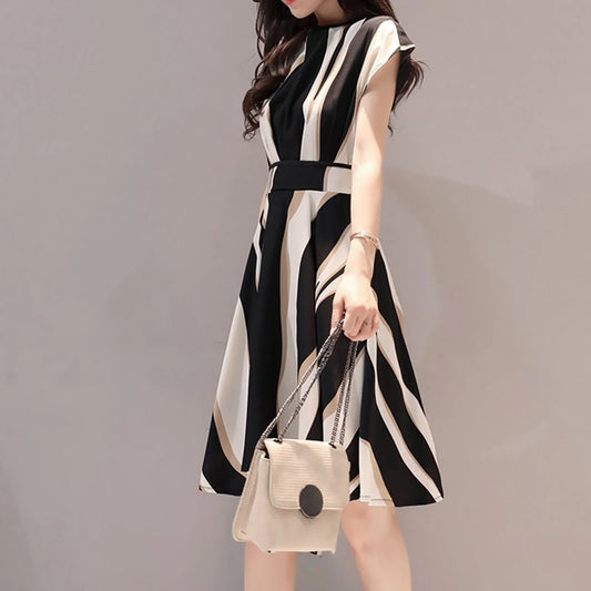Fashion Women Business Dress Belt O-Neck Short Sleeve Knee Length Dress Elegant Fashion Harajuku Female Clothes Dress Vestidos