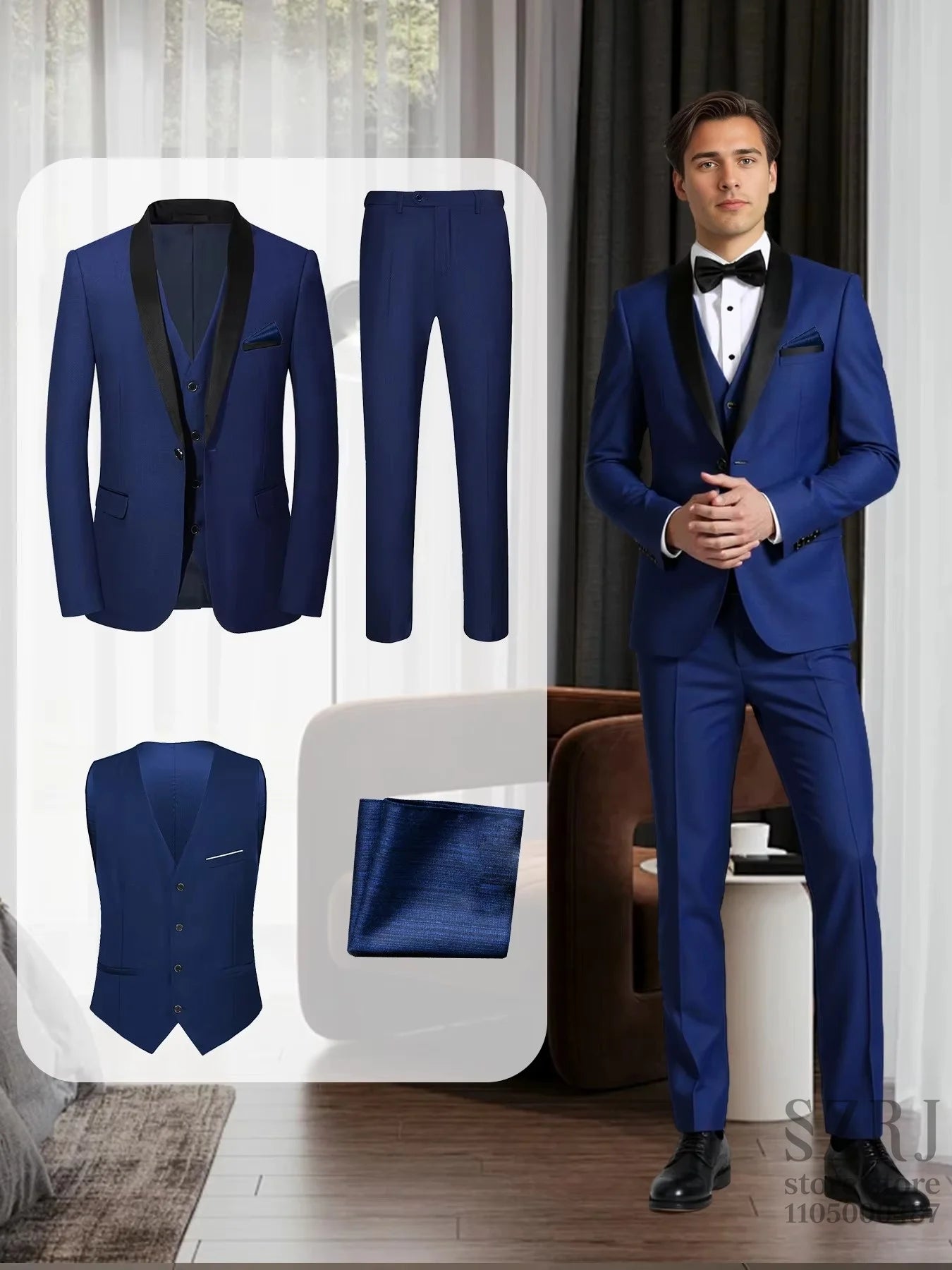 Men'S 4pcs Tuxedo Suit: Jacket, Vest, Dress Pants &Pocket Square