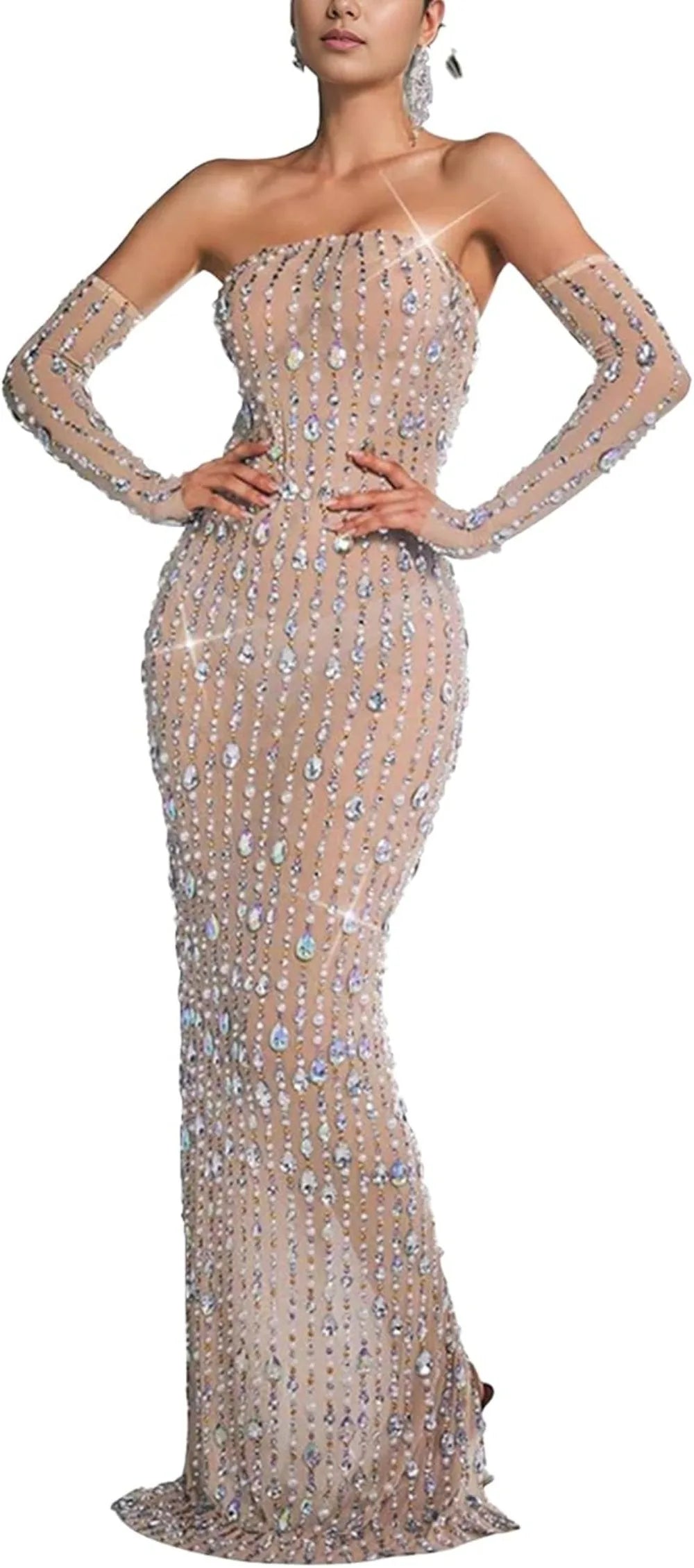 Women's Hot Drilling Craft Sexy Long Sleeve Mesh See Through Sequined Party Club Night Rhinestone Dress