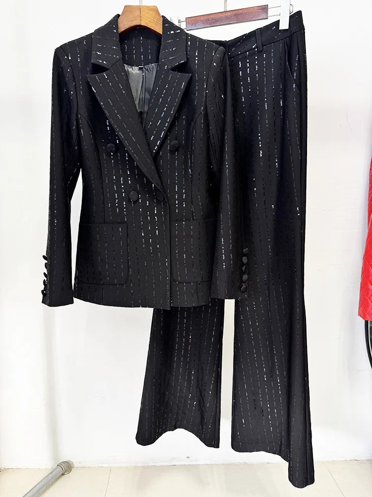 HIGH STREET Newest 2026 Stylish Designer Black Formal Suit Set Women's Bead Sequin Blazer Pants Set 2pcs