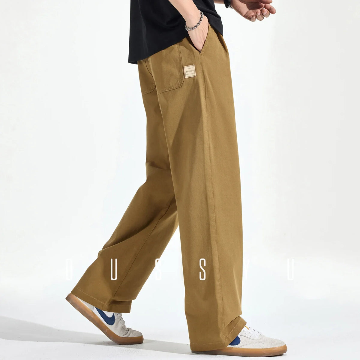 Autumn Winterr High-Quality 100%Cotton Casual Pants Men Elastic Waist Loose Baggy Straight Casual Work Cargo Khaki Trousers Male