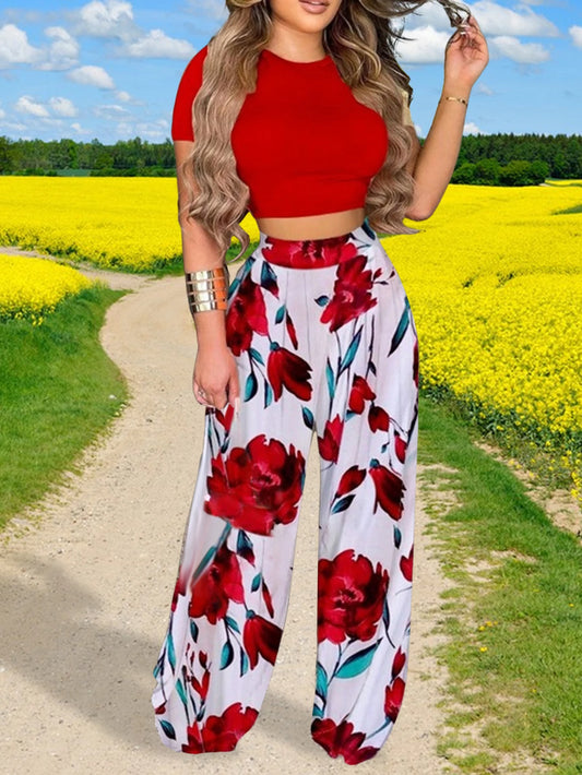 Women Lounge Set Printed Casual Loungewear Set Polyester Blend for Summer Red XXXL