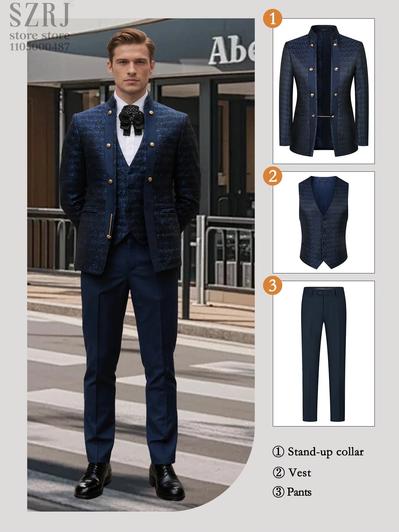Men's 3pcs Floral Tuxedo Suit: Stand Collar, Double-Breasted Vest & Pants - Wedding/Party/Performance