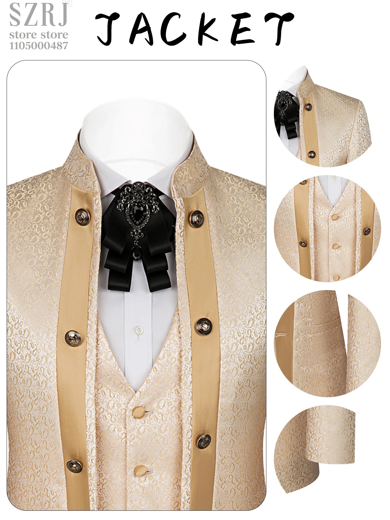 Men's 3pcs Floral Tuxedo Suit: Stand Collar, Double-Breasted Vest & Pants - Wedding/Party/Performance