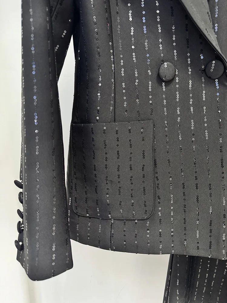 HIGH STREET Newest 2026 Stylish Designer Black Formal Suit Set Women's Bead Sequin Blazer Pants Set 2pcs