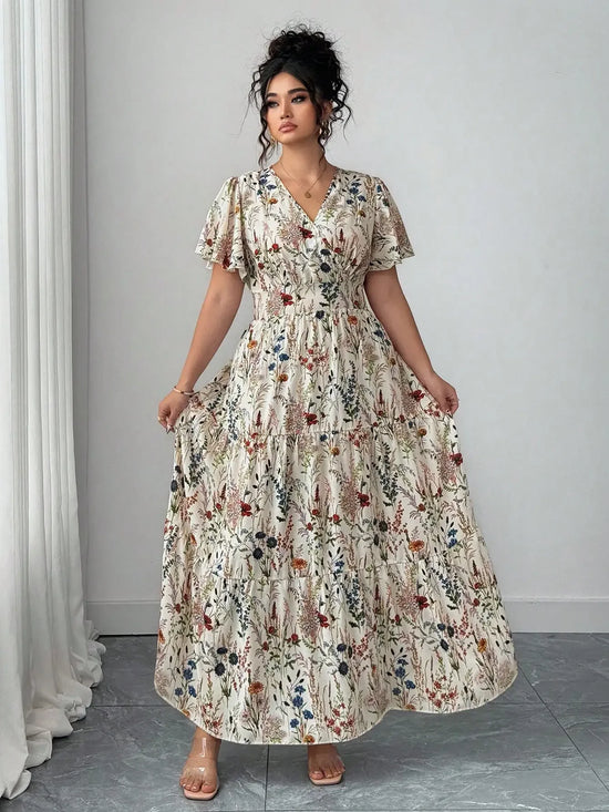 Plus Size Women Ditsy Floral V-Neck Waist Slimming Flare Sleeve Maxi Dress Casual Elegant Spring Summer