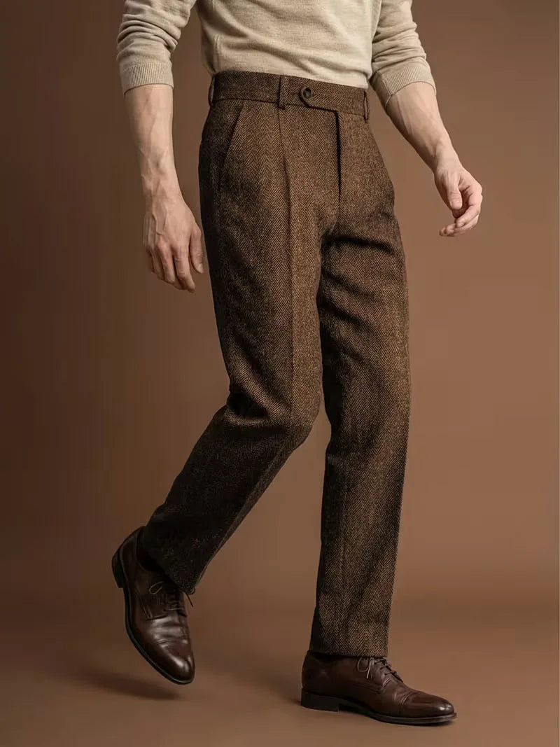 Men's Retro Herringbone Coarse Tweed Blend Straight Leg Trousers Classic Formal Business Office Leisure Attire Autumn Pants