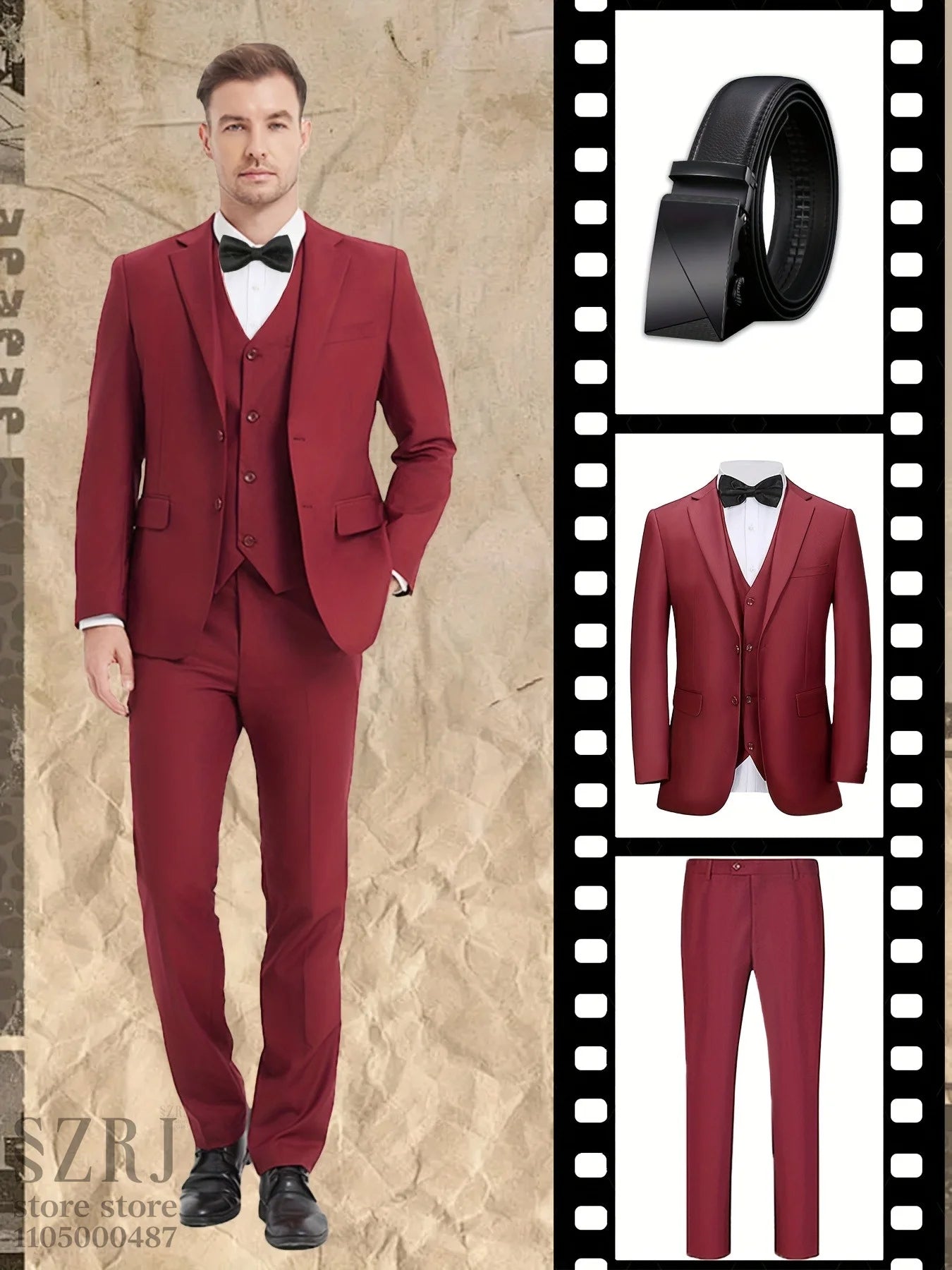 4pcs Men's Formal Suit Set: Tuxedo, Vest, Pants, Belt with .Classic Elegant Attire for Business, Party, Banquet, Job Interview