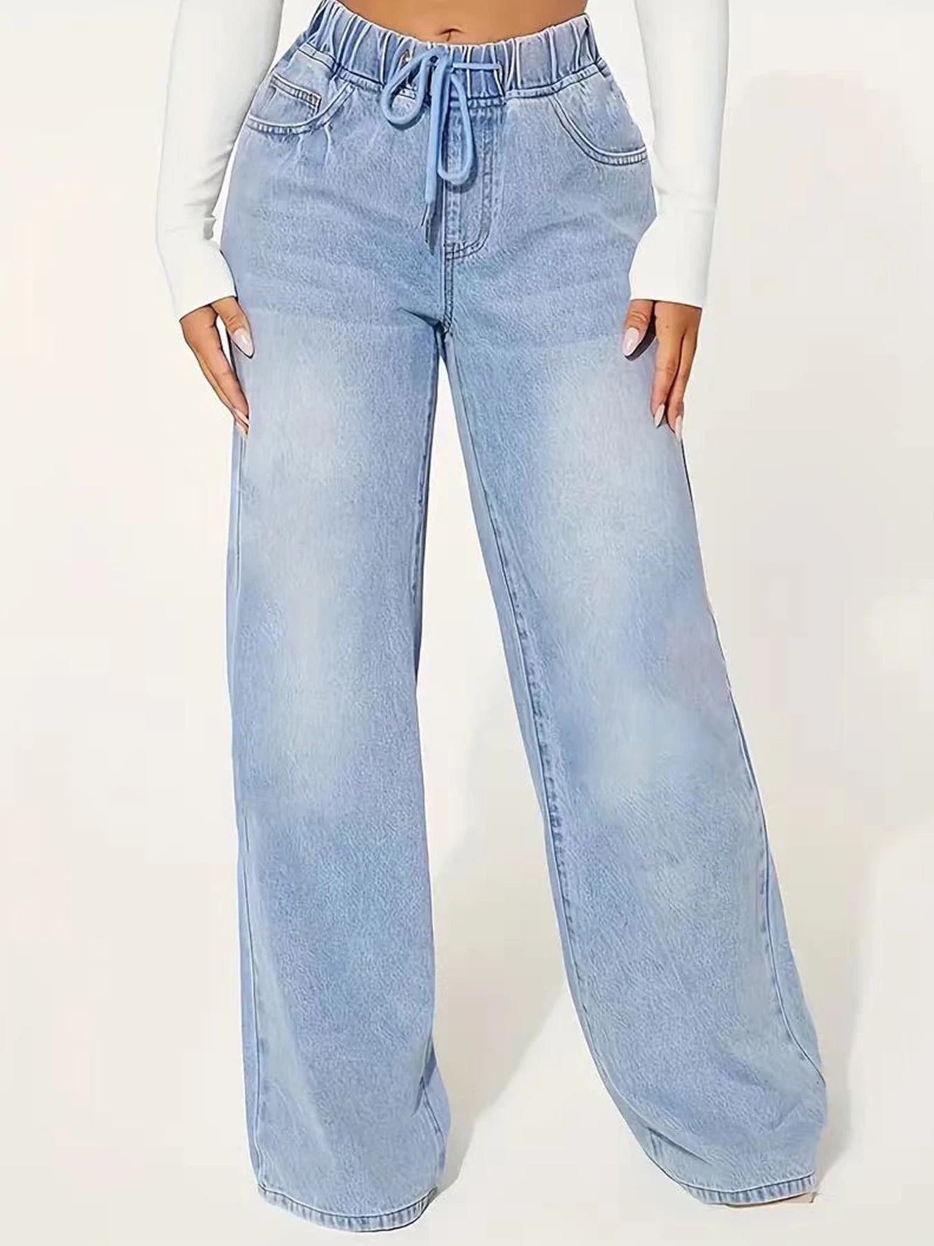 New Women's Fashionable Casual Straight Leg Jeans with Drawstring Washed Denim, Versatile Jeans for Daily Use