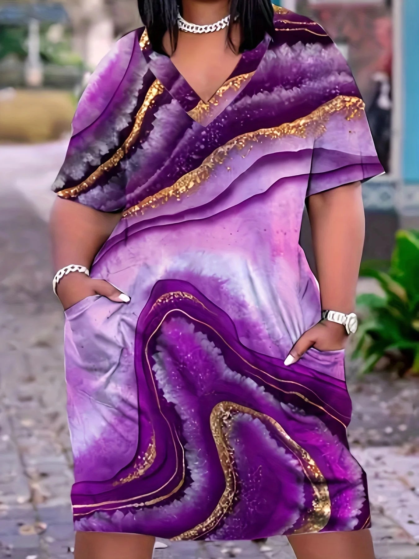 Purple Casual Print Patchwork V Neck Short Sleeve Dress