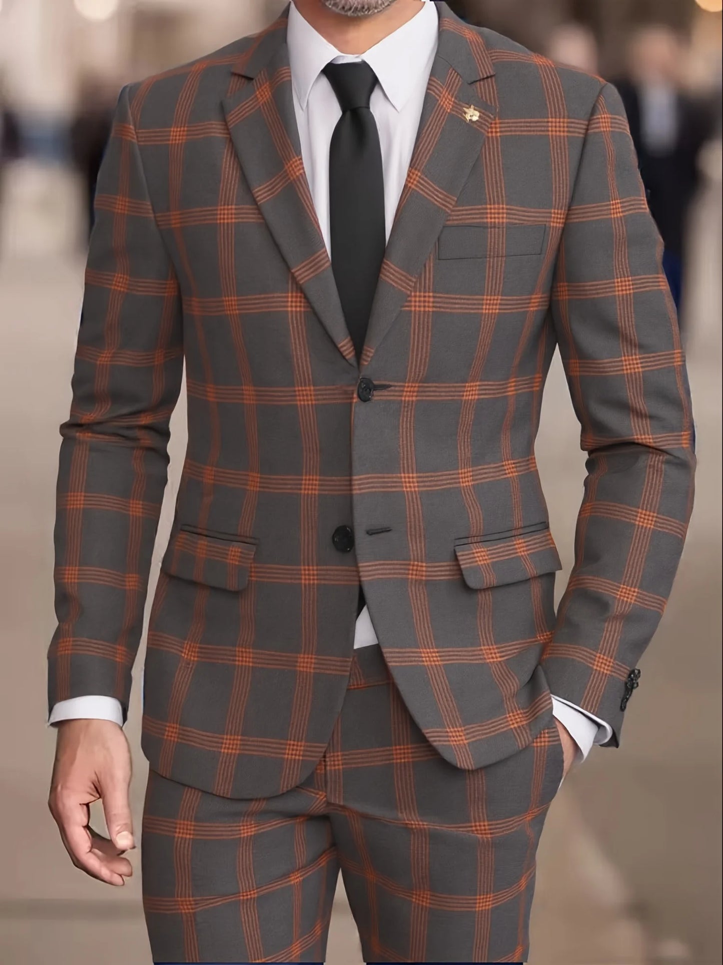 Men's Plaid Suit Two-Piece Set Four-Season Anti-Wrinkle No-Iron Business Casual Formal Wear Slim Two-Button Suit Trousers Suit