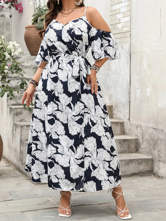 Women Plus Size Floral Print Maxi Dress with Ruffle Sleeves and V Neckline Elegant Belted Long Dress with High Side Split