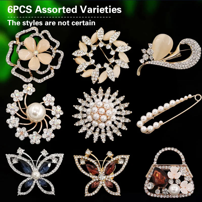 9Pcs/Pack Luxurious Elegant Metal Brooch Ladies' Flower Pearl Butterfly Sun Brooch Cloth Scarf Jewelry Accessories