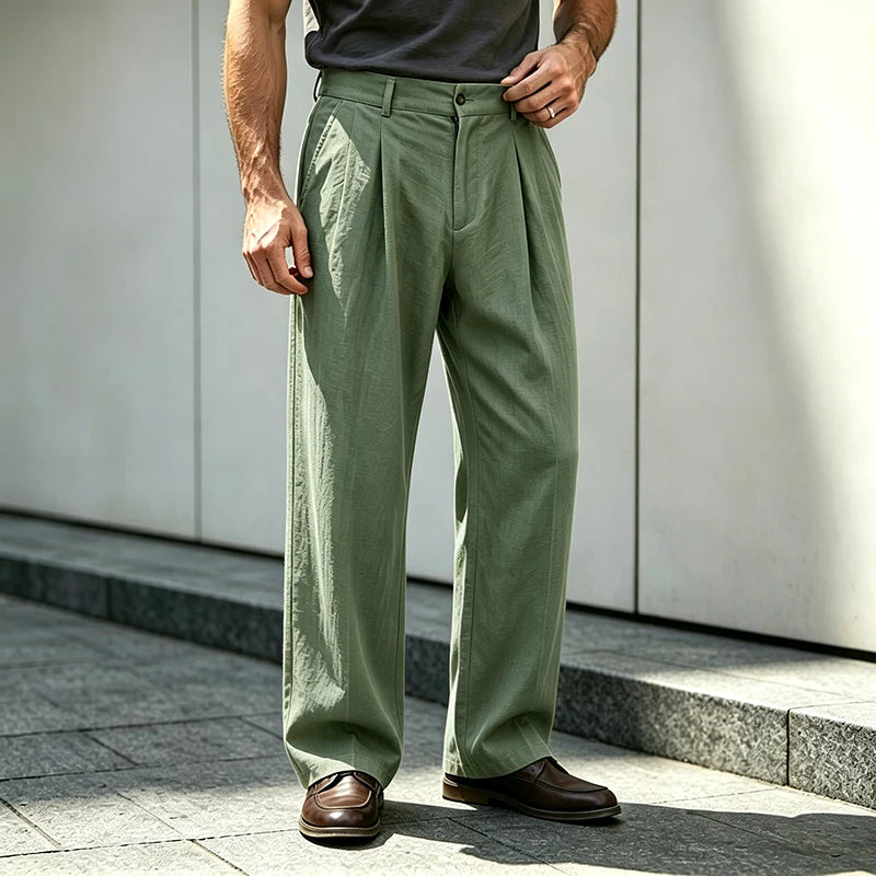 Men's Loose Fit Linen Trousers Casual Straight Leg Pleated Pants Lightweight Breathable for Work Commute Vacation Daily Wear
