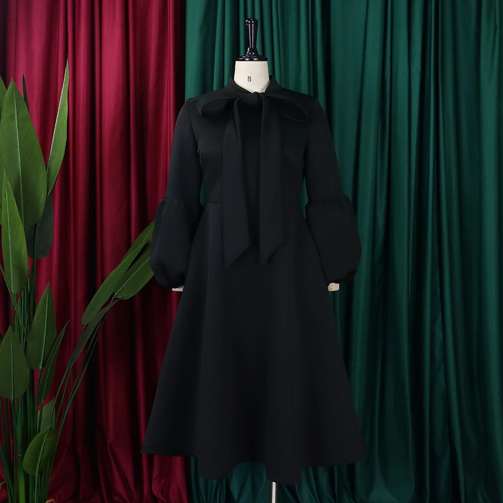 Elegant Party Dresses for Women Luxury Woman 2024 Bow Collar Full Sleeve High Waisted Pleated Mid Calf Birthday Dinner Celebrate