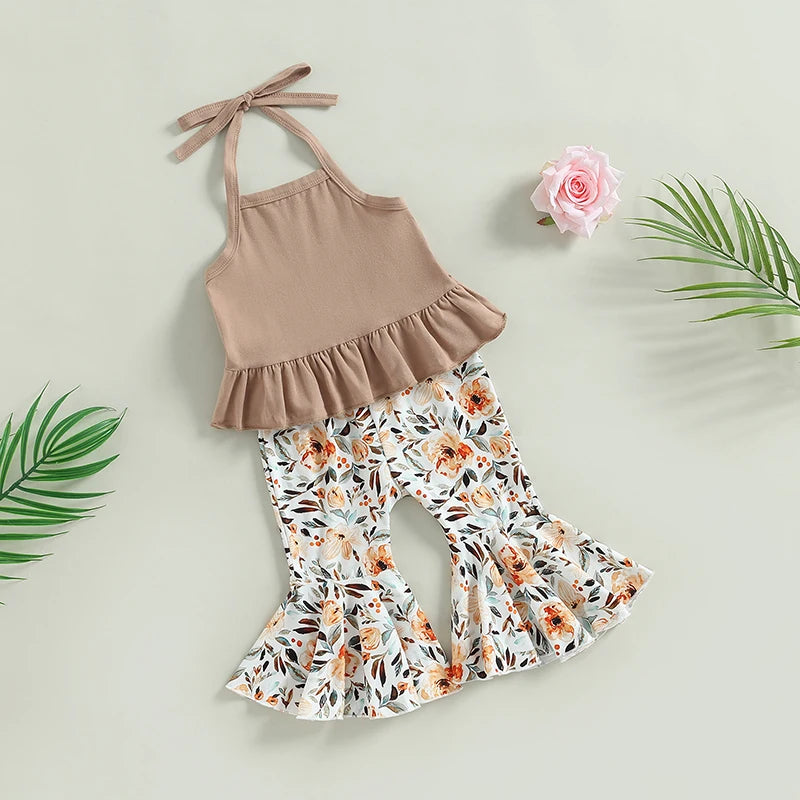 Toddler Girls Sleeveless Top and Floral Print Bell Bottoms Set Lace-Up Halterneck Vest with Flare Pants Summer Ensemble