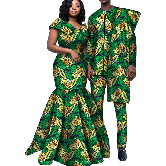 African Clothes for Couple Women Long Maxi Dresses and Men Pants Suits Set African Print Cotton Outfits for Wedding Party WYQ556