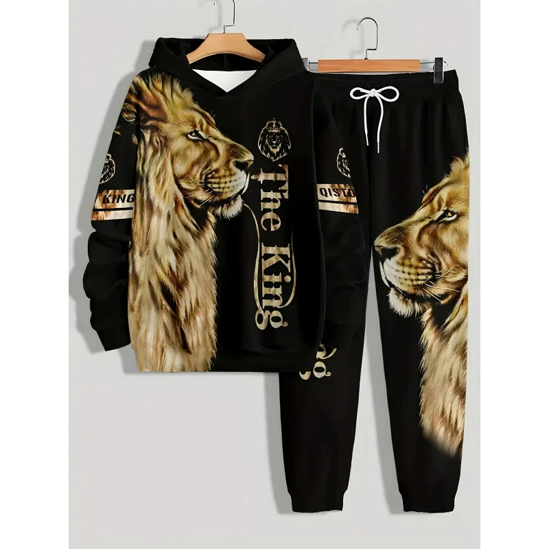 Men's 'THE KING' and Lion Print Long Sleeve Hoodie+Pants Suit，Casual Trendy Set as a Gift