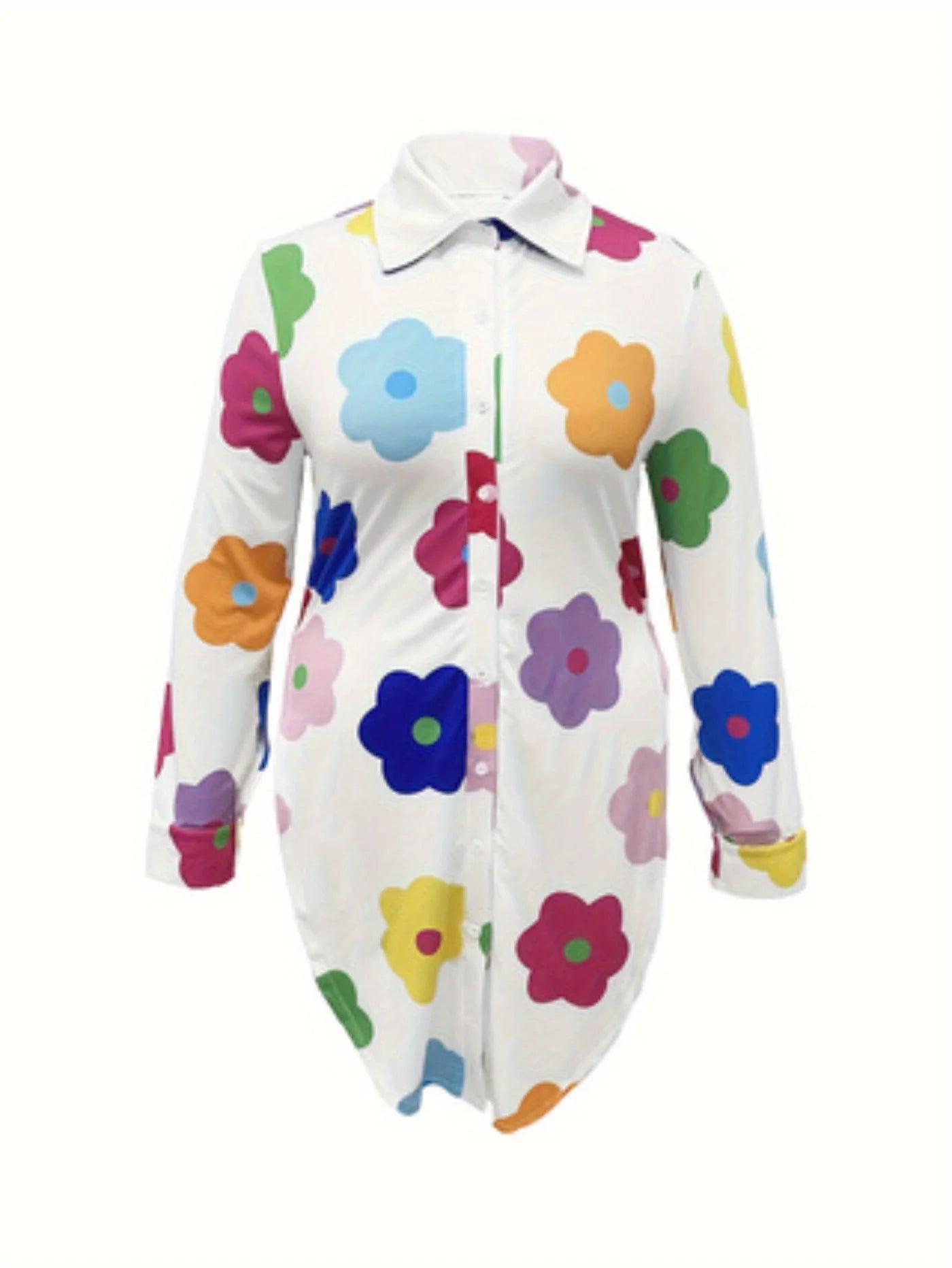 Women's Large Size Colorful Flower Printed Long Sleeve Dress